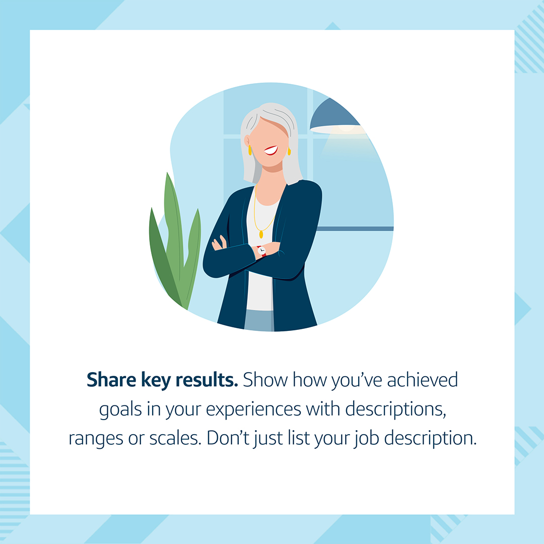 Resume Tip #5: An animated image of a Capital One associate standing with their arms crossed, with the words, "Share key results. Show how you